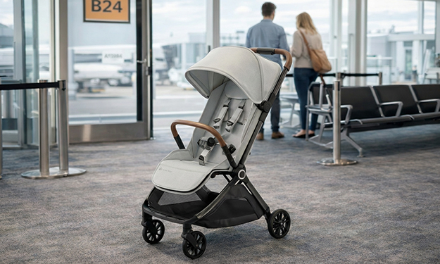airplane approved auto folding stroller at airport gate